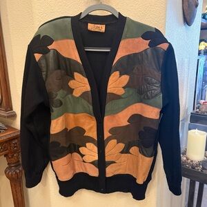 Vintage S WEAR Pure Wool Leather Patchwork Cardigan Sweater Size Large